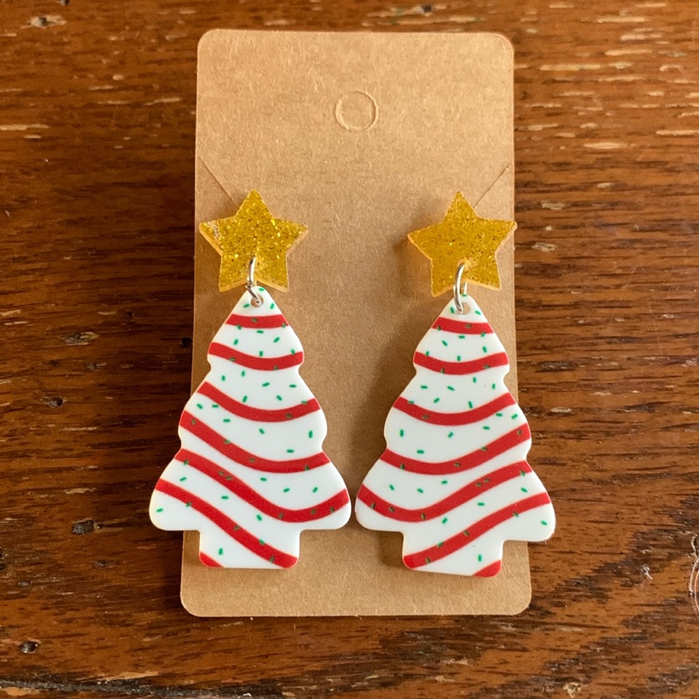 Snack Cake Christmas Tree Earrings with Glitter Gold Stars